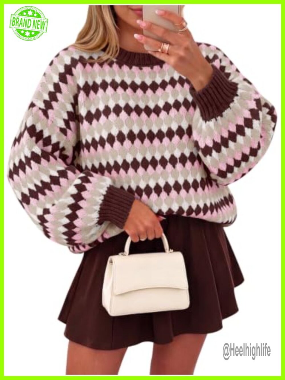 Womens Striped Color Block Long Lantern Sleeve Chunky Knit Pullover Sweater